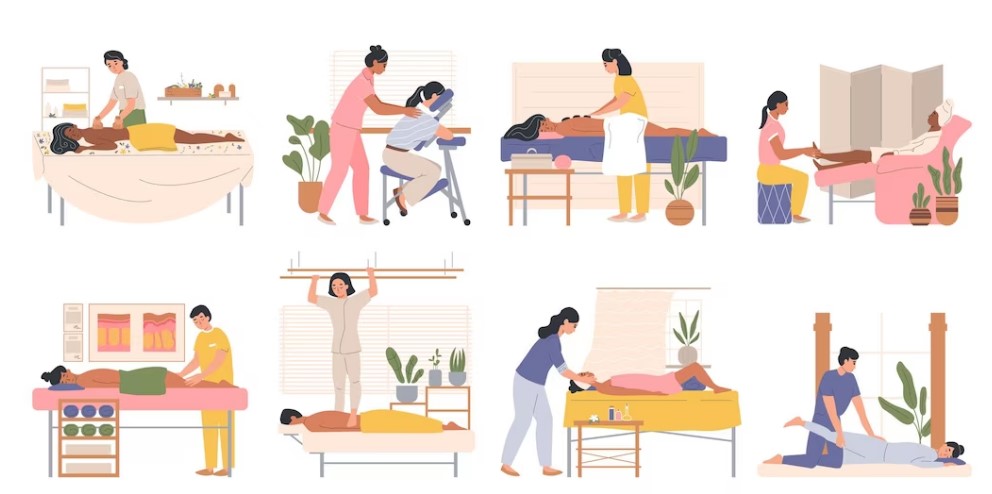 An illustrated collection showing various massage therapy and bodywork techniques, including table massages, chair massages, hot stone treatments, foot care, and assisted stretching.