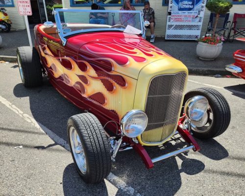 car show 2023 yellow red hot rod